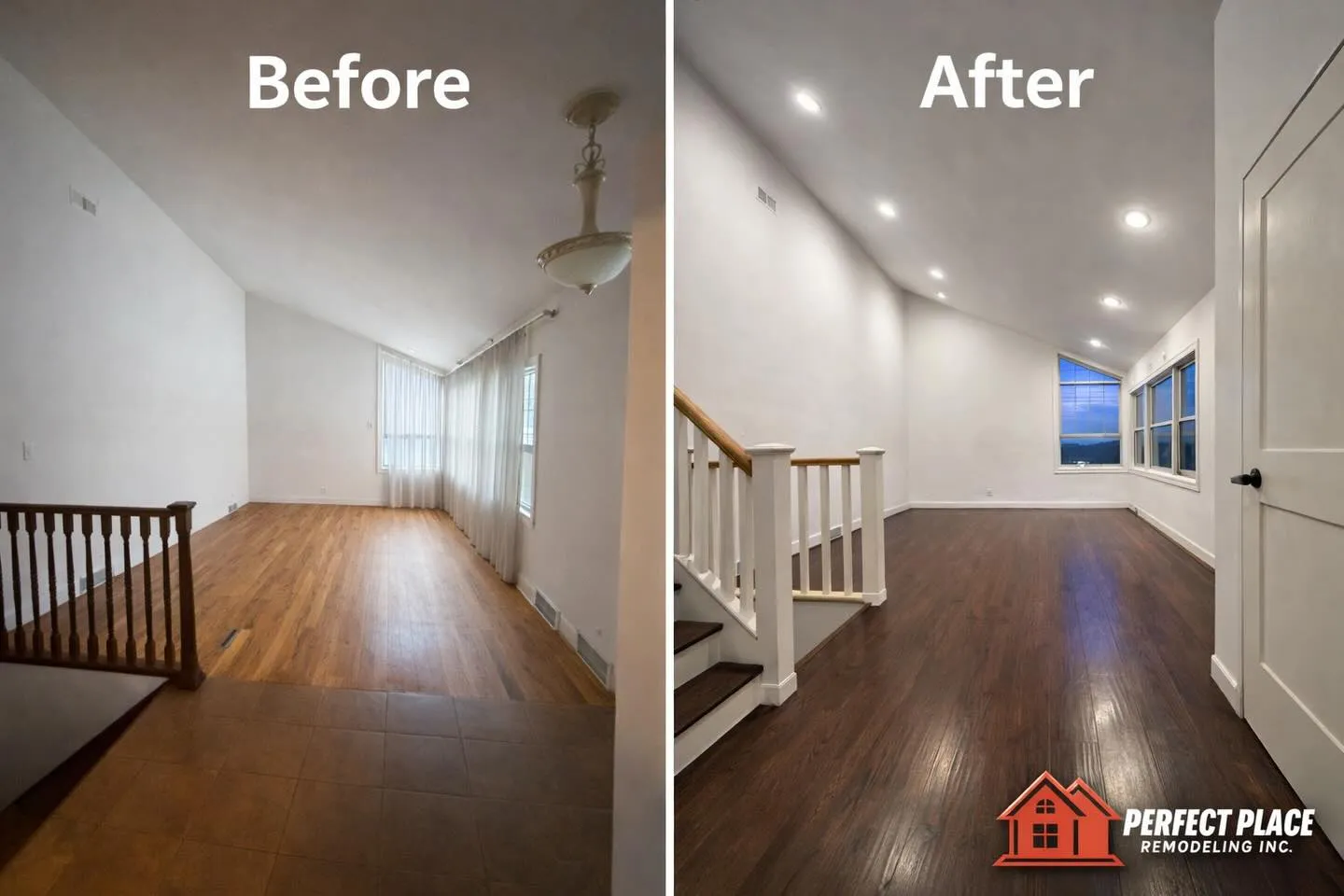 Before & after — living room opened up with recessed lighting and new hardwood